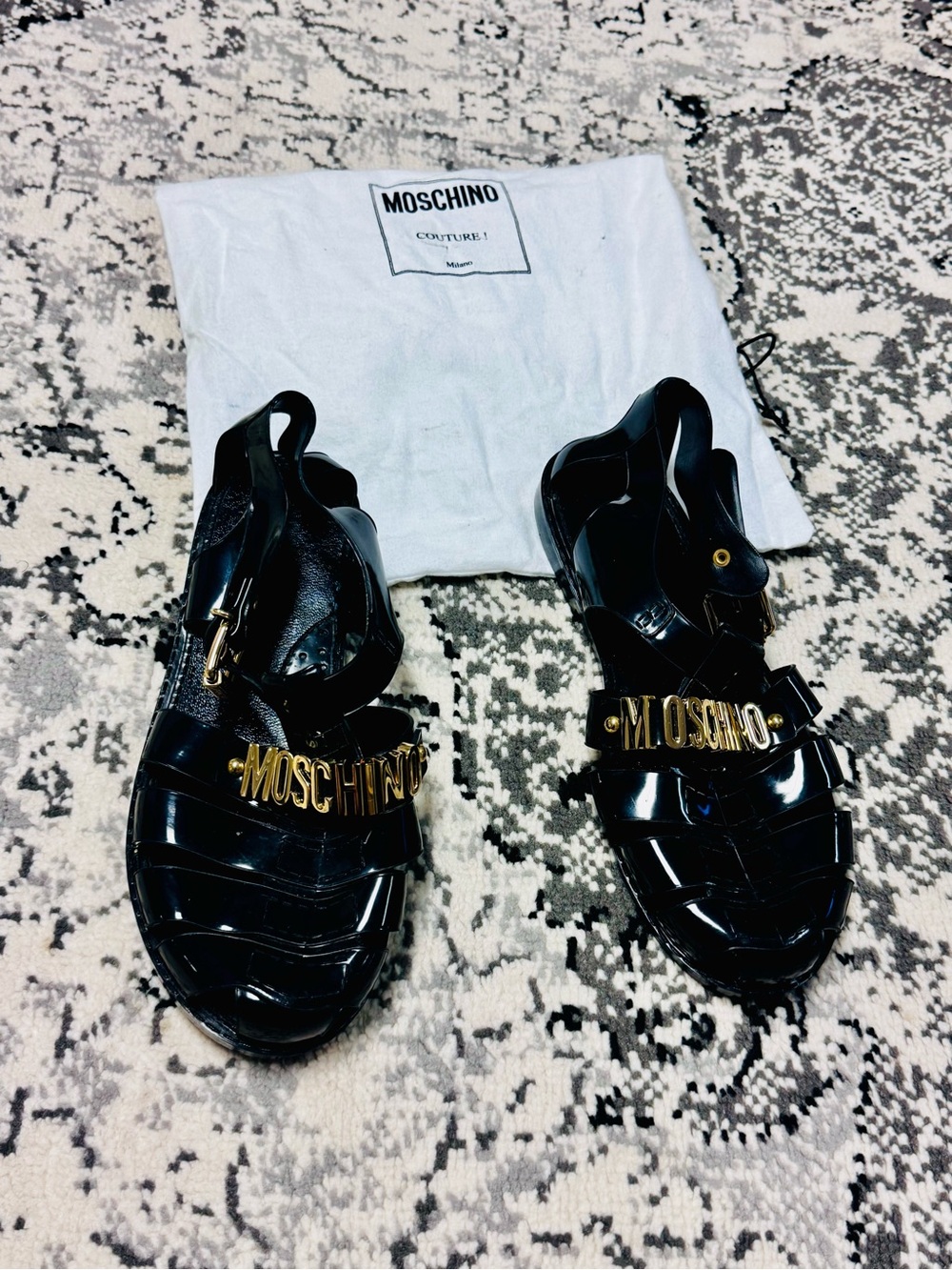 Moschino Black Jelly Logo Strap Sandals with Gold Hardware